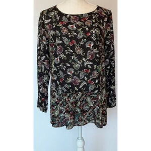 J Jill Women's Black Floral Print Tunic Top Petite SZ S Long Sleeve w/Ruffle